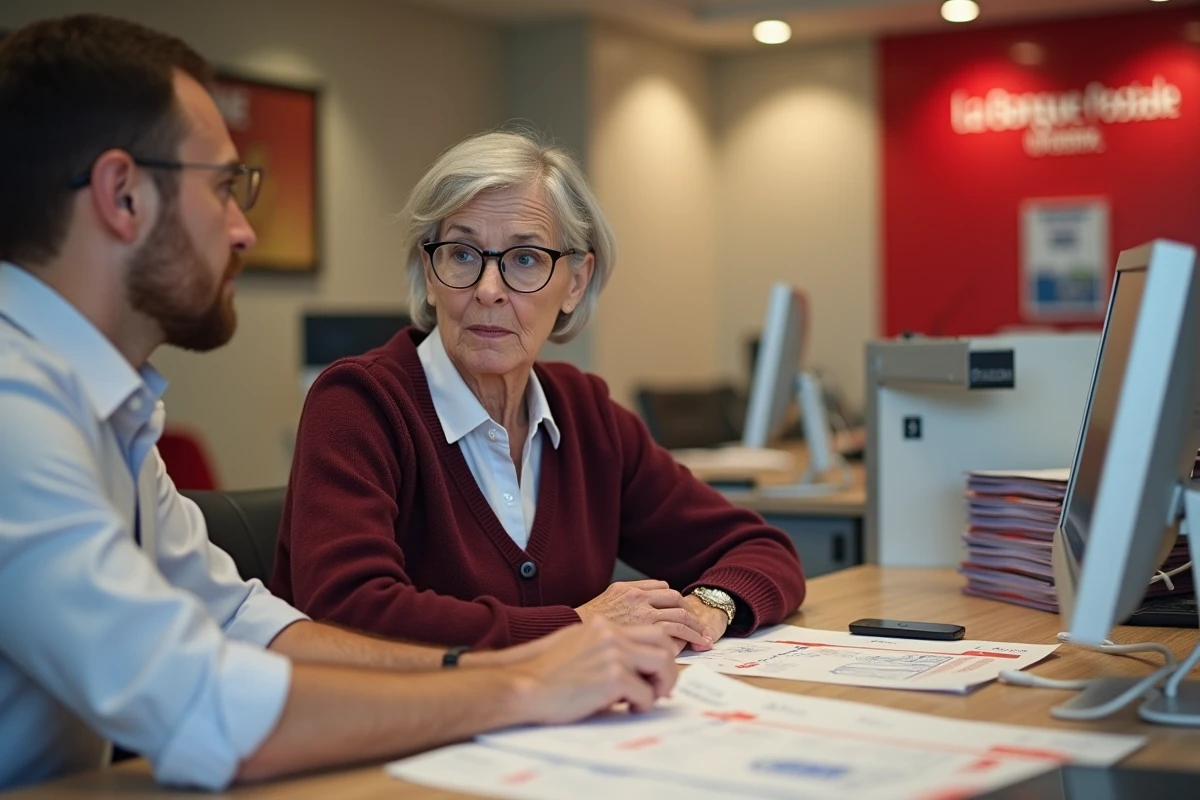 Cliente et conseiller La Banque Postale examinant des relevés de compte pour comprendre un délai d'opération