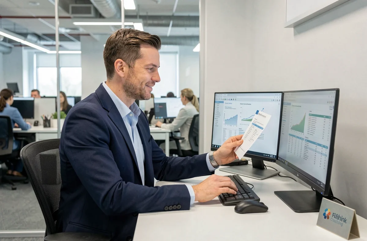 Conseiller financier de Coach Finance analysant des simulations de crédit immobilier dans un bureau professionnel moderne