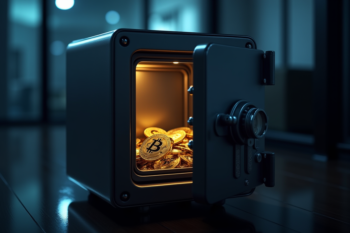 Coffre-fort métallique partiellement ouvert avec cryptomonnaies dorées