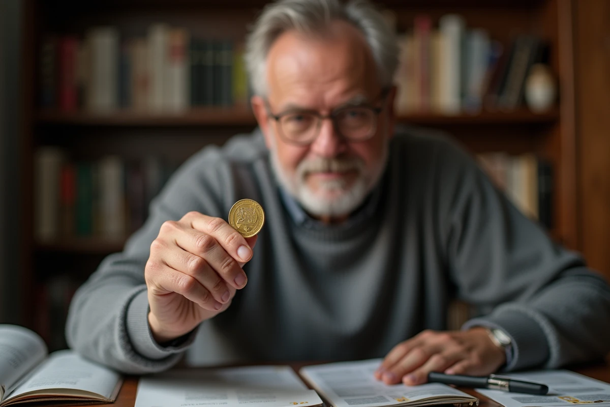 Collectionneur de pièces de monnaie examinant une pièce de 2 euros commémorative Jeux Olympiques 2026 dans son bureau numismatique