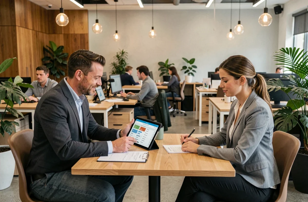 Deux professionnels comparant des offres d'assurance activité dans un espace de coworking moderne