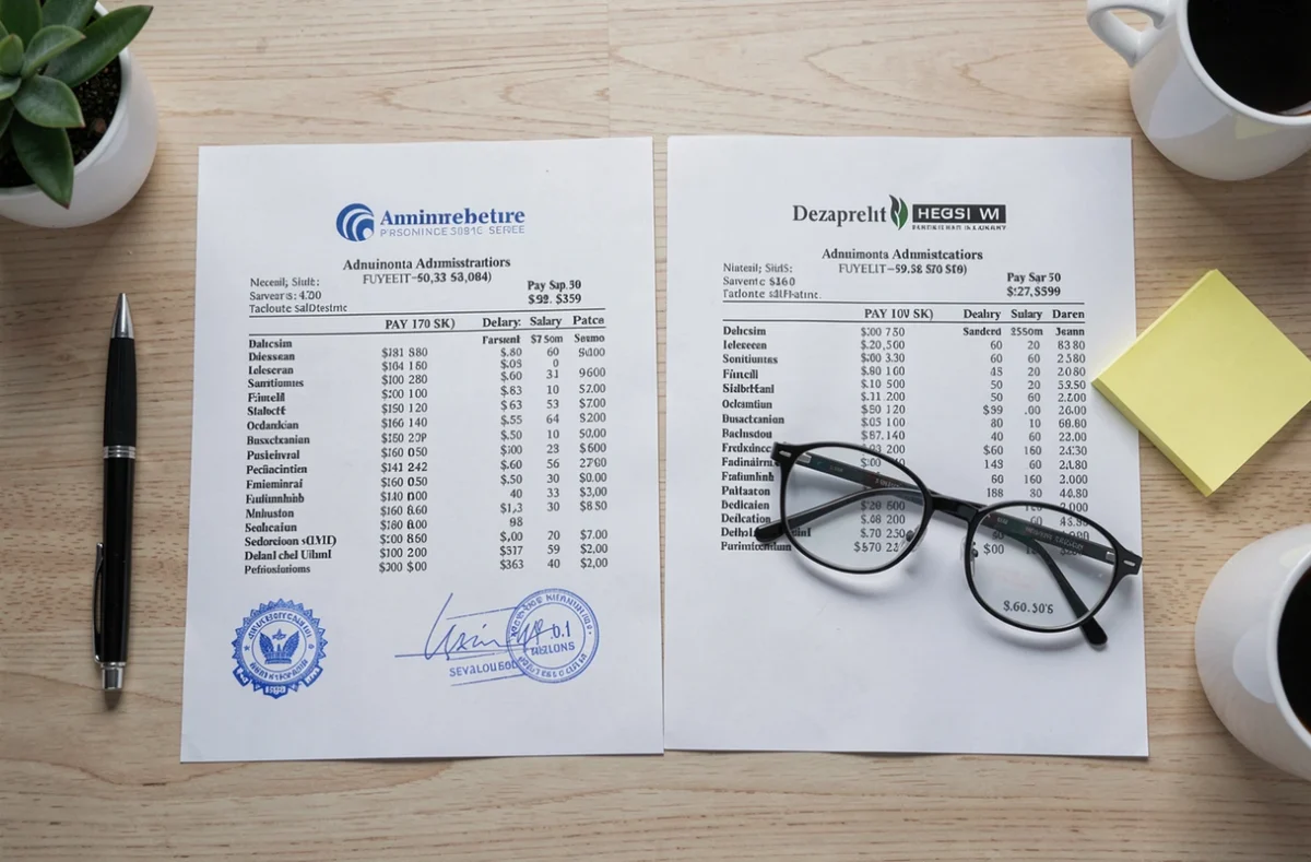 Comparaison de deux bulletins de salaire Éducation nationale entre un titulaire et un contractuel posés sur un bureau