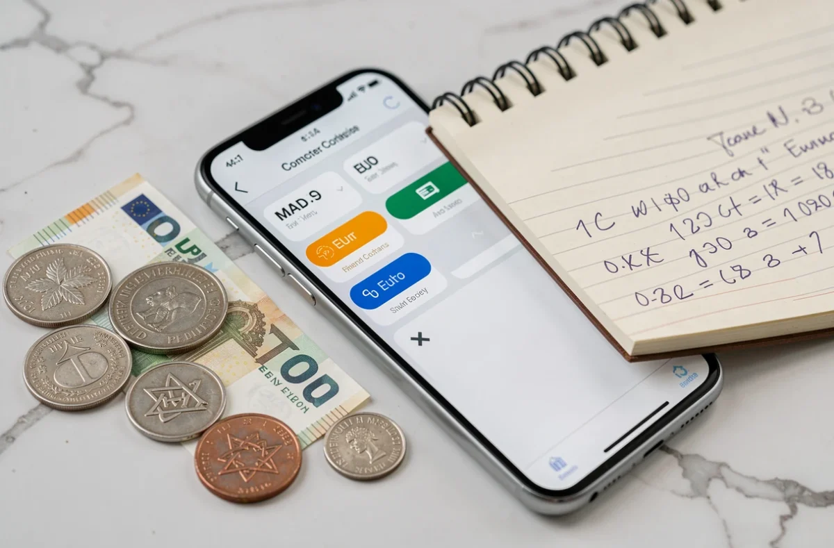 Comparaison dirhams et euros avec calculatrice de taux de change sur smartphone