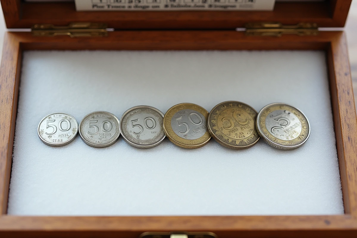 Comparaison de plusieurs pièces de 50 francs argent 1977 dans un coffret numismatique en bois montrant différents états de conservation