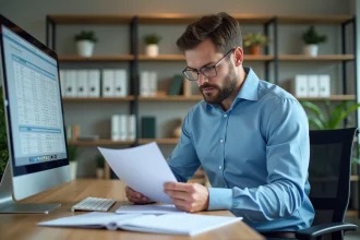 Homme comptable au bureau examinant des documents financiers