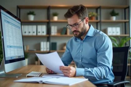 Homme comptable au bureau examinant des documents financiers