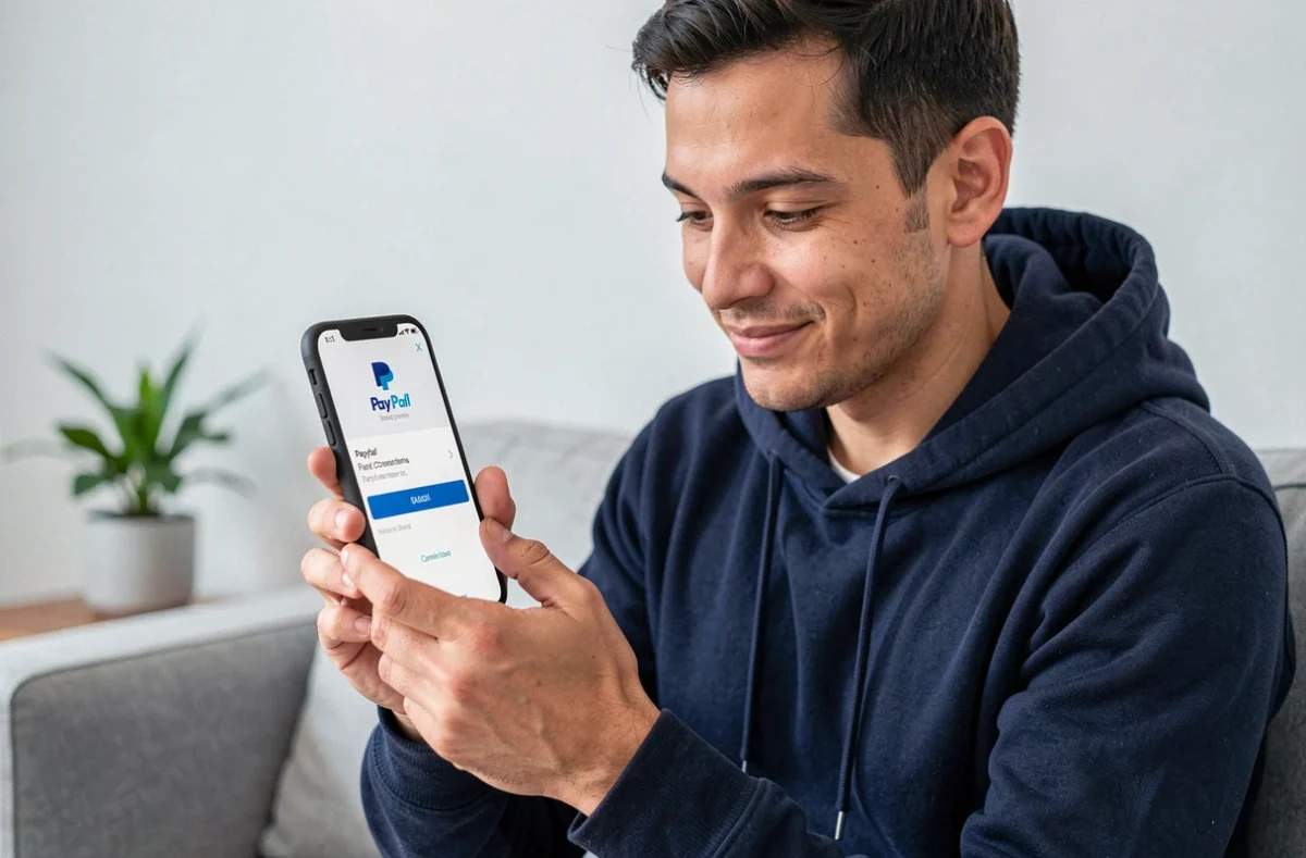 Homme consultant une confirmation de paiement PayPal sur Amazon depuis son smartphone dans son salon
