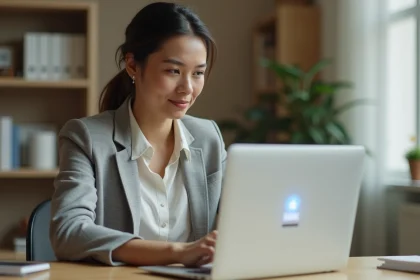 Femme utilisant l'espace client Société Générale sur un ordinateur portable dans un bureau à domicile moderne
