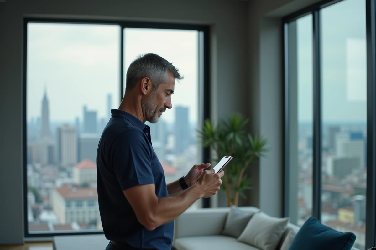 Homme se connectant à son espace client Société Générale sur smartphone dans un appartement moderne