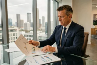 Conseiller financier analysant des classements de SCPI par rendement dans un bureau moderne