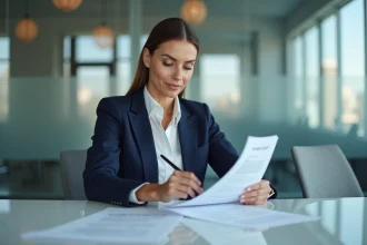 Conseillère en assurance ACM IARD examinant des documents de contrat dans un bureau moderne du Crédit Mutuel