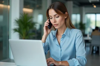 Conseillère de La Banque Postale en conversation téléphonique avec un client depuis son bureau moderne