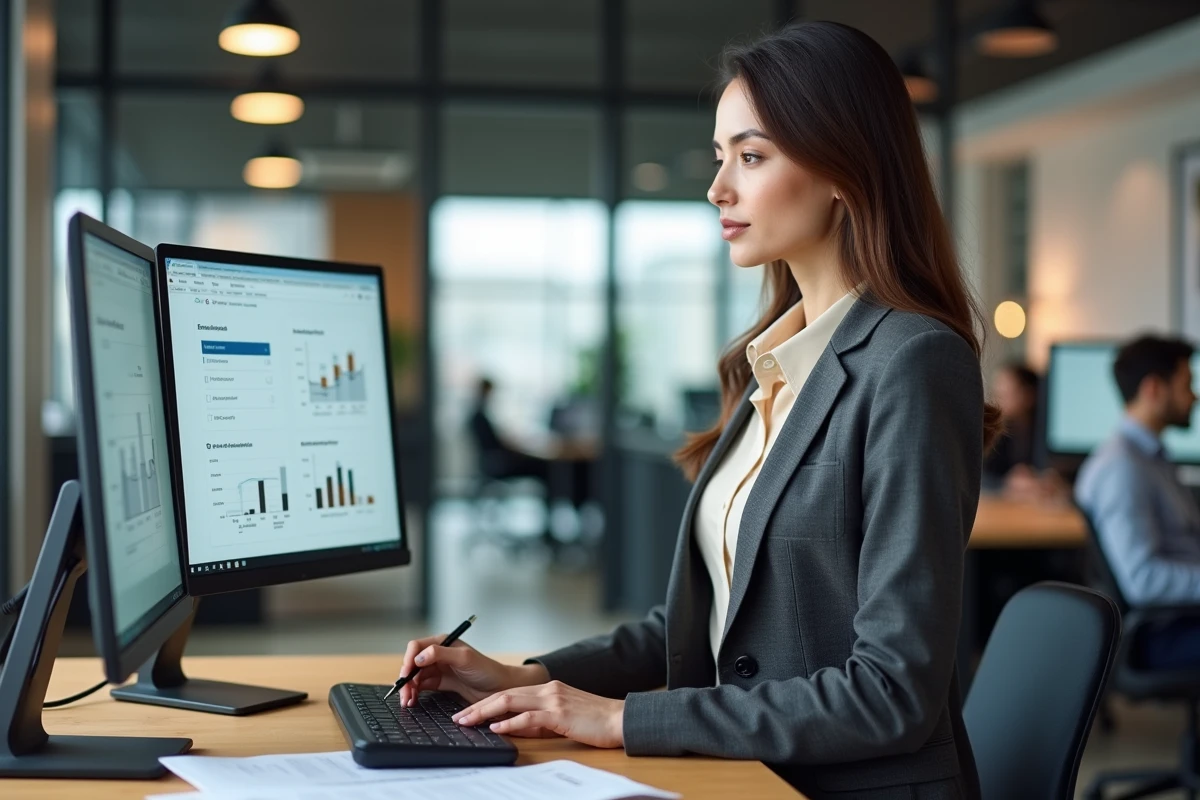 Conseillère en gestion de patrimoine analysant un portefeuille SCPI sur double écran dans un bureau financier professionnel