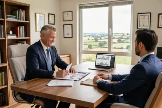 Conseiller en gestion de patrimoine en Vendée discutant d'une stratégie patrimoniale avec un client dans un bureau moderne