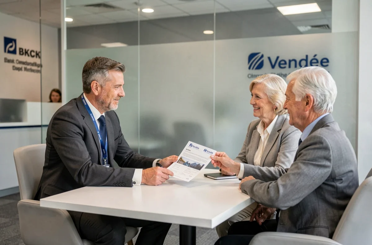 Conseiller patrimonial adossé à un réseau bancaire en Vendée présentant une offre d'investissement à un couple de retraités
