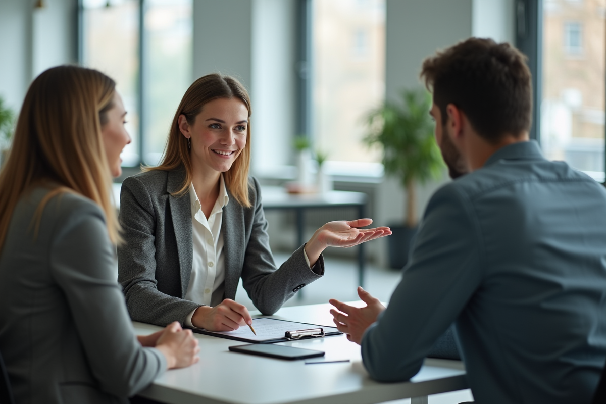 Conseillère financière discutant avec un couple dans un bureau moderne
