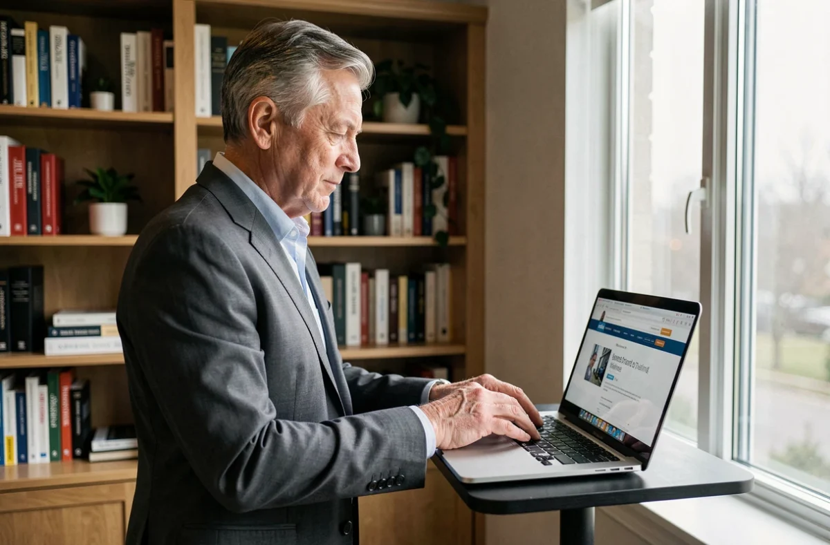 Consultant freelance recherchant une assurance activité professionnelle sur son ordinateur dans un bureau à domicile
