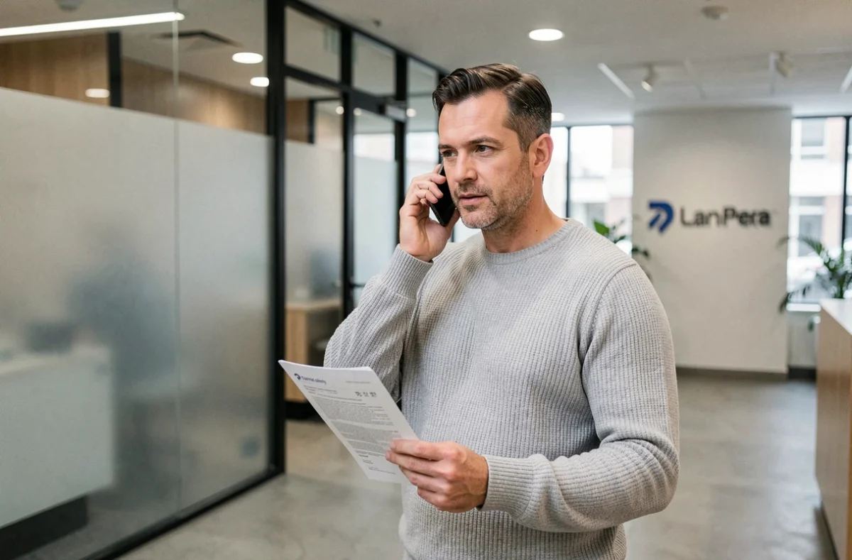 Client contactant l'assistance Crédit Maritime Grand Ouest par téléphone depuis une agence bancaire