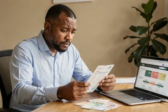Homme consultant un reçu de conversion dirhams en euros avec des billets de banque sur un bureau