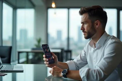 Homme consultant la cotation ArcelorMittal en temps réel sur son smartphone dans un bureau moderne