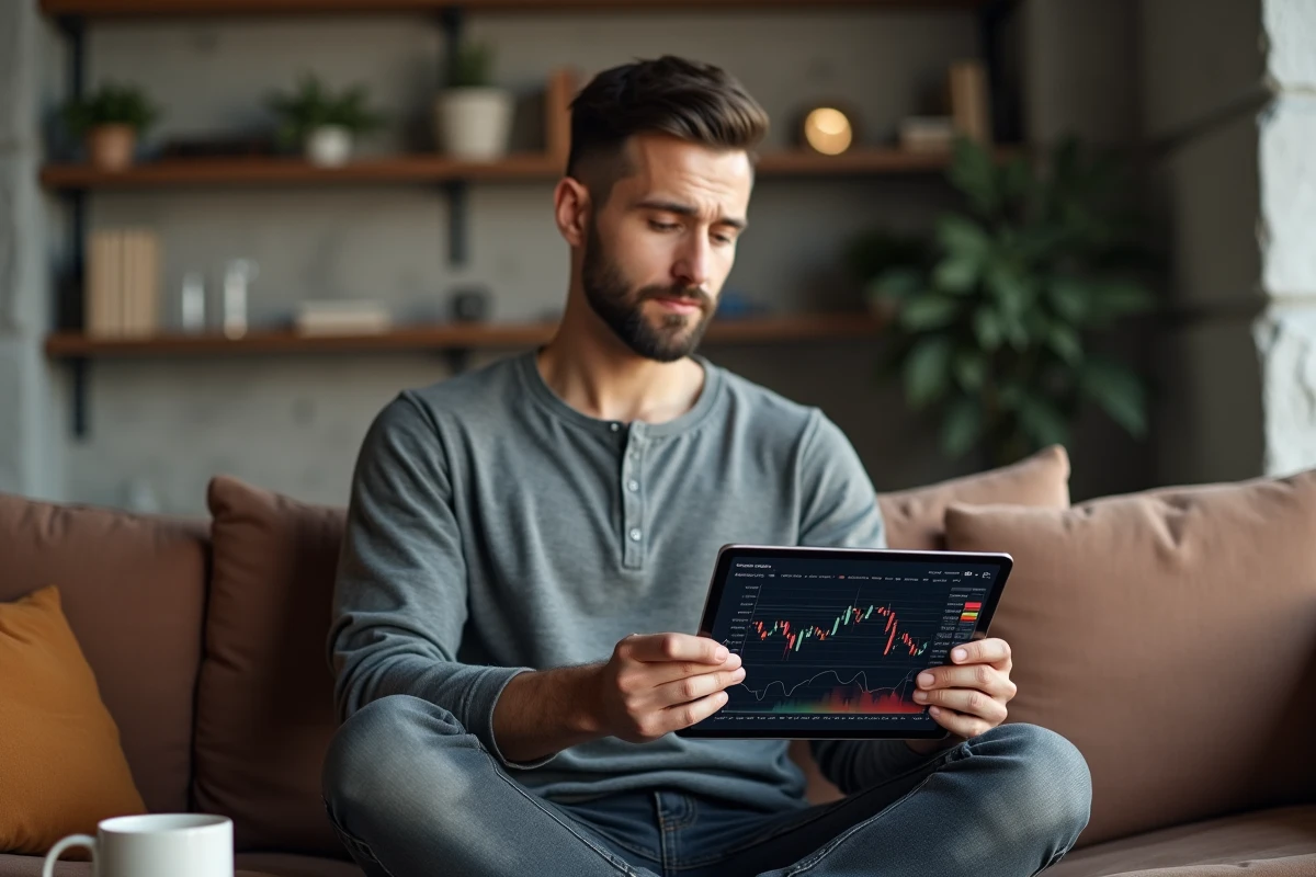 Jeune investisseur consultant la cotation ArcelorMittal sur tablette depuis son domicile