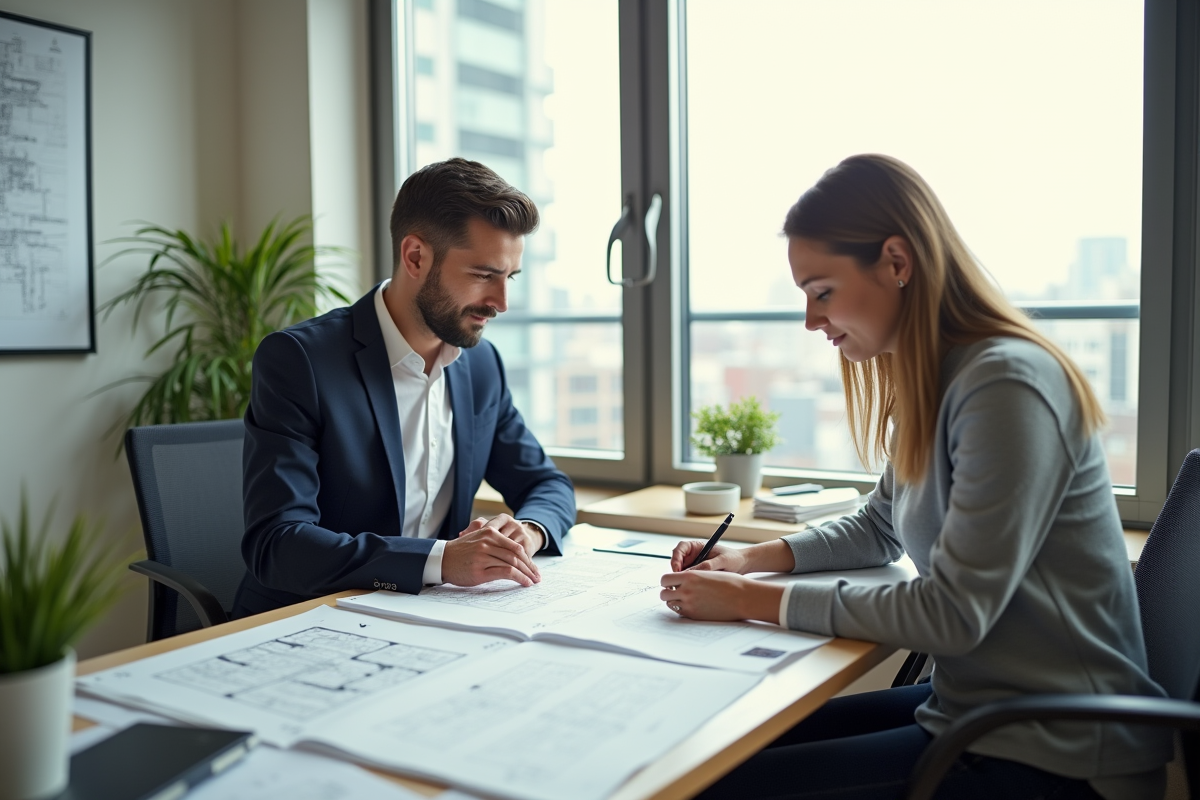 Jeune couple étudiant un plan architectural dans un bureau lumineux