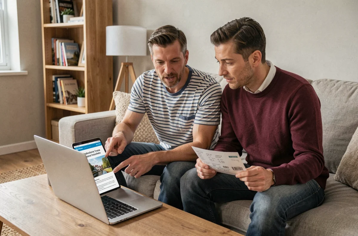 Couple comparant des offres d'assurance annulation voyage sur ordinateur portable à la maison