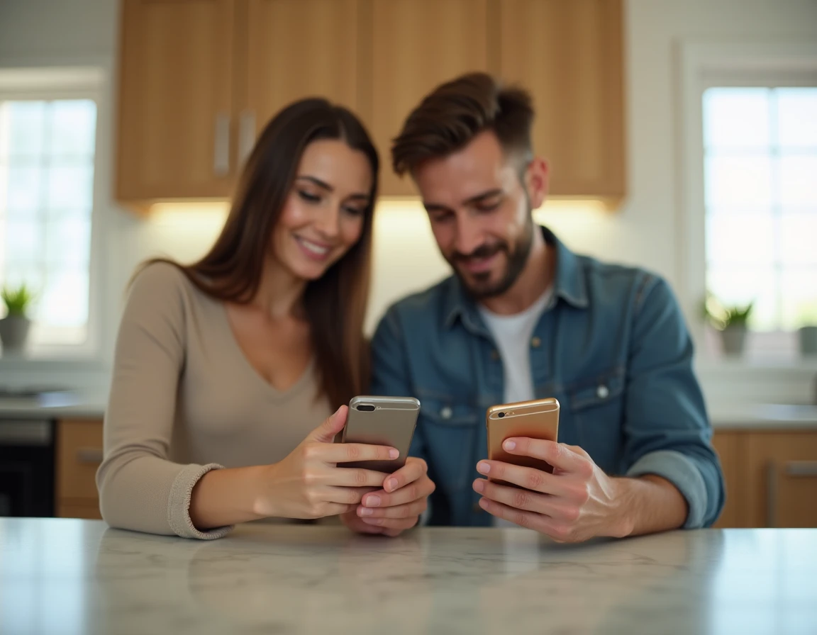 Couple comparant les applications LEFILE et Crédit Agricole Pyrénées Gascogne sur deux smartphones à la maison