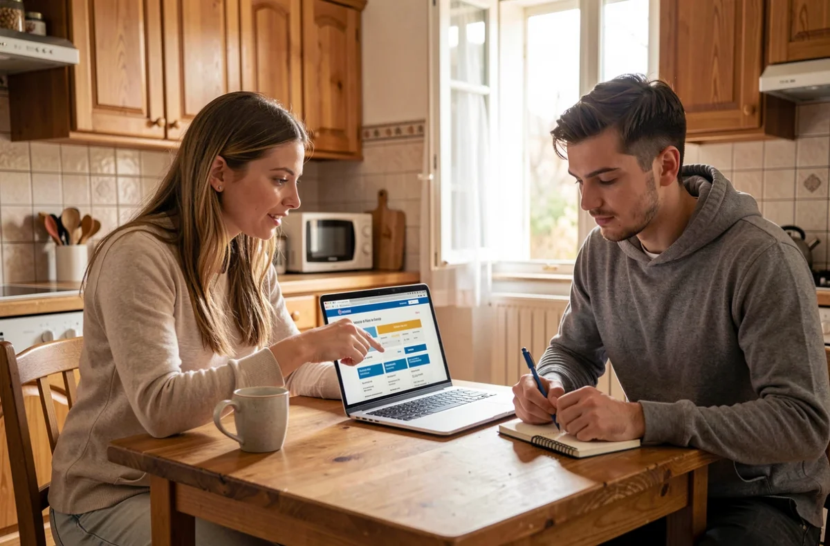 Couple de fonctionnaires comparant des mutuelles santé sur un ordinateur portable à domicile