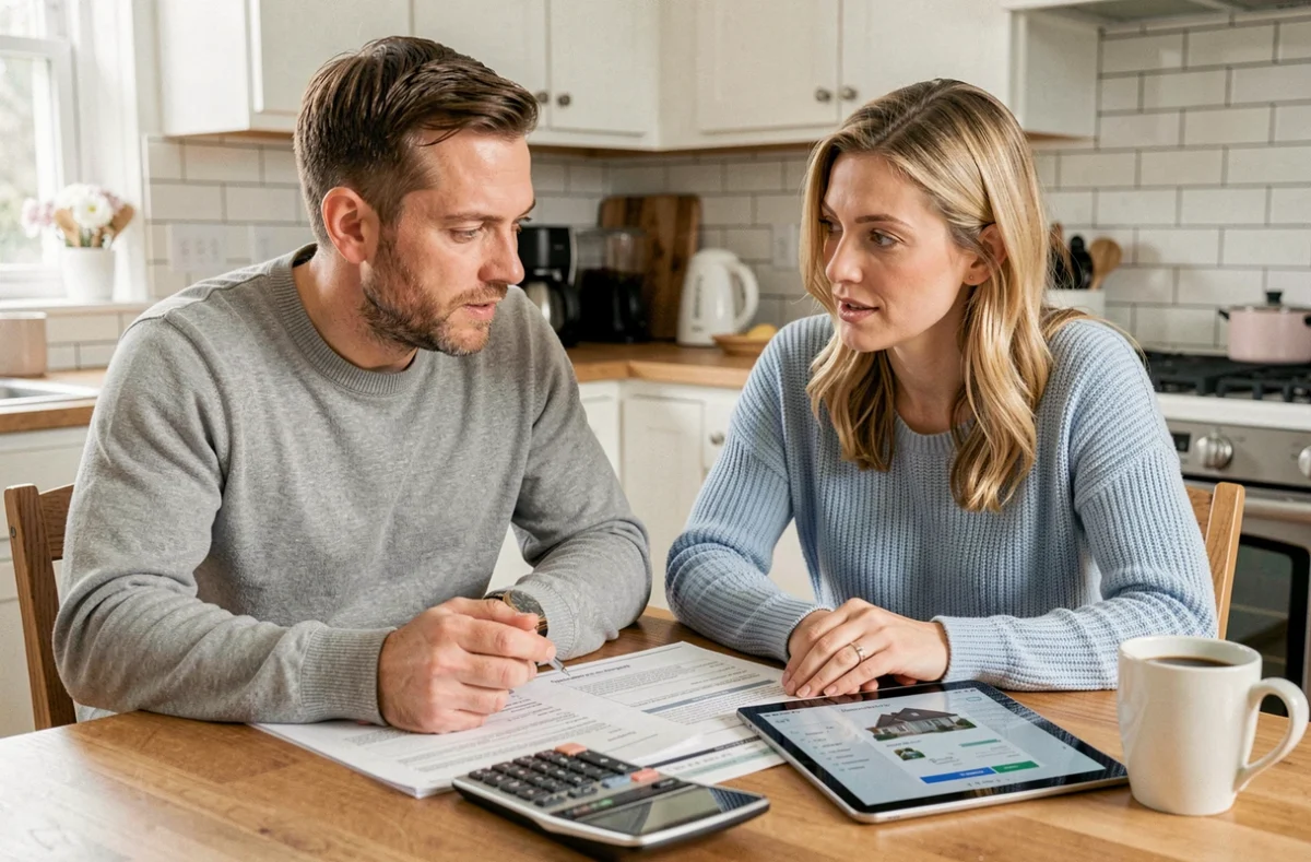 Couple étudiant un plan de financement à crédit pour investir dans des parts de SCPI à domicile