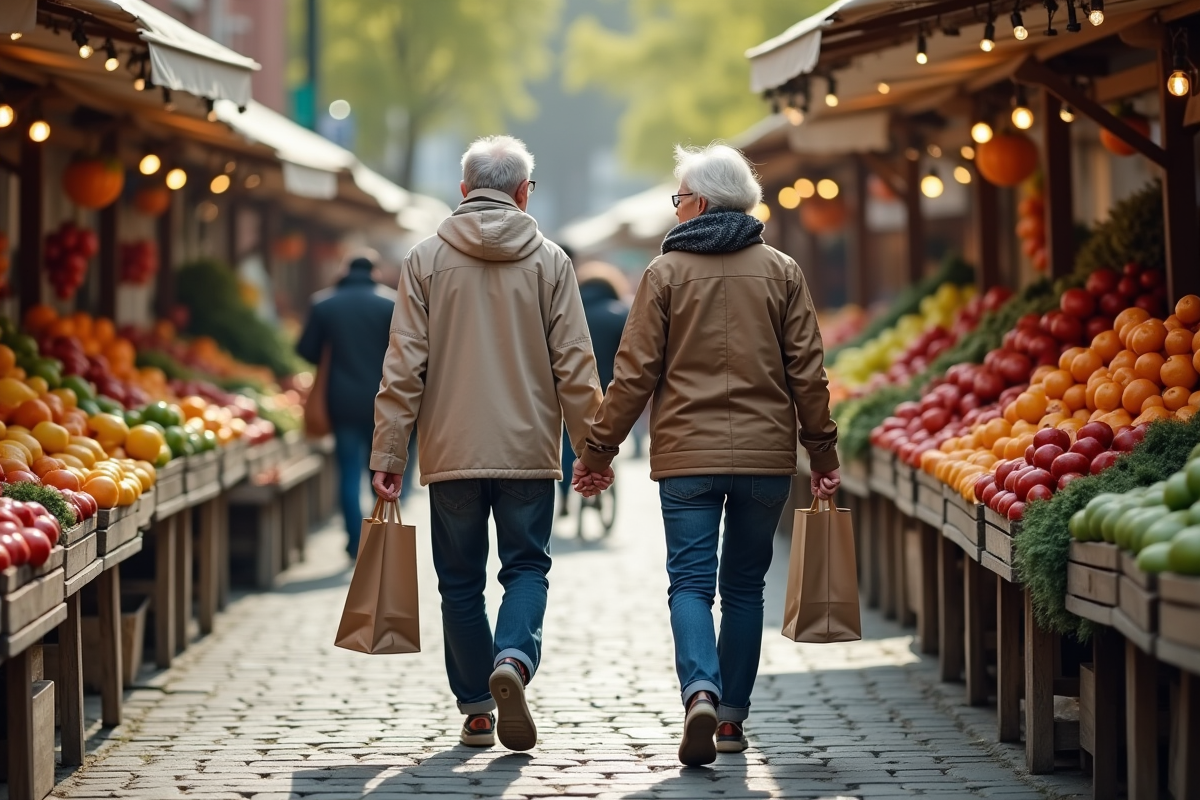 Couple retraité marchant dans un marché animé