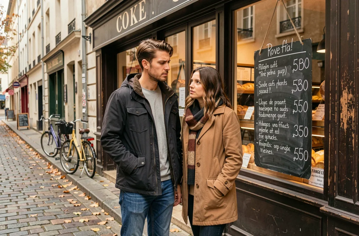 Couple regardant les prix affichés devant une boulangerie française face à l'augmentation du coût de la vie en 2026