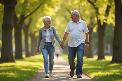 Couple de retraités souriants dans un parc ensoleille