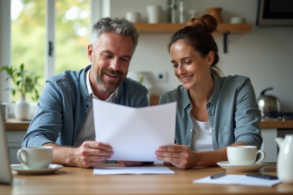 Couple d'adultes révisant des documents de prêt à la cuisine