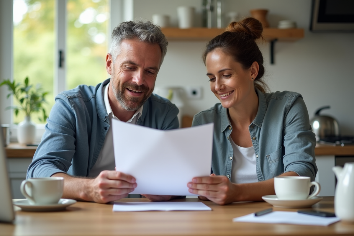 Couple d'adultes révisant des documents de prêt à la cuisine
