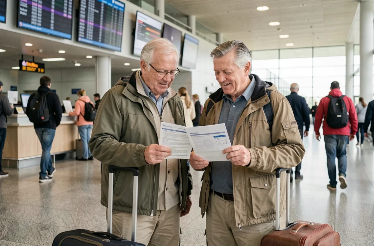 Couple de seniors à l'aéroport avec documents d'assurance voyage
