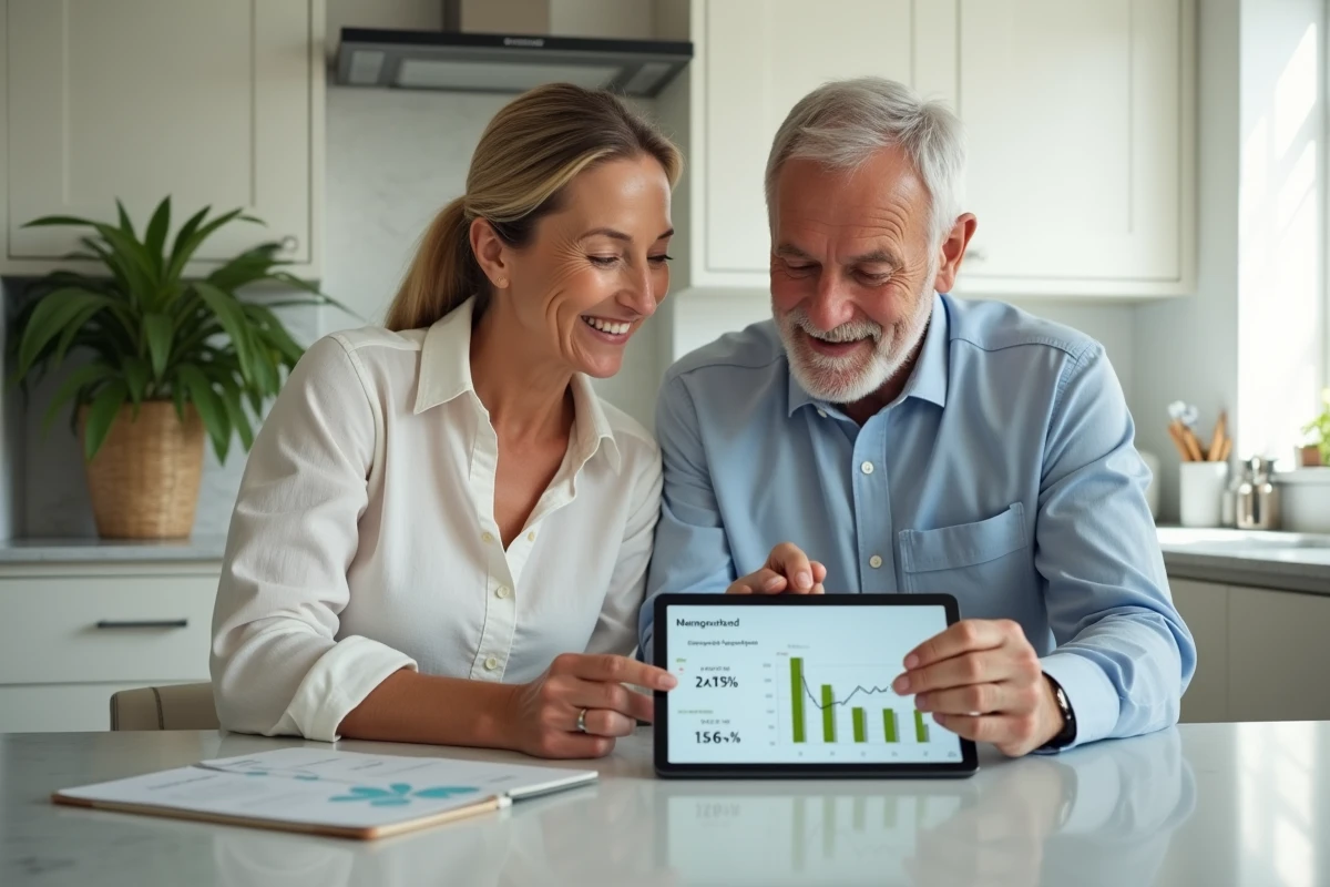 Couple de retraités consultant un simulateur de revenus SCPI sur tablette dans leur cuisine moderne