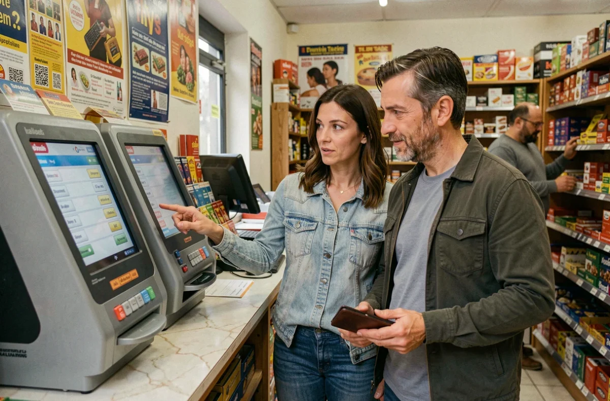 Couple dans un bureau de tabac discutant devant un terminal de loterie pour choisir l'option Étoile Plus EuroMillions