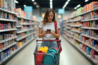 Femme faisant ses courses de rentrée scolaire dans un supermarché Cora avec un caddie rempli de fournitures