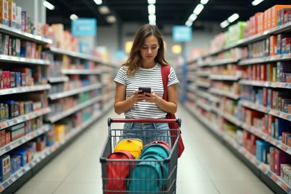 Femme faisant ses courses de rentrée scolaire dans un supermarché Cora avec un caddie rempli de fournitures