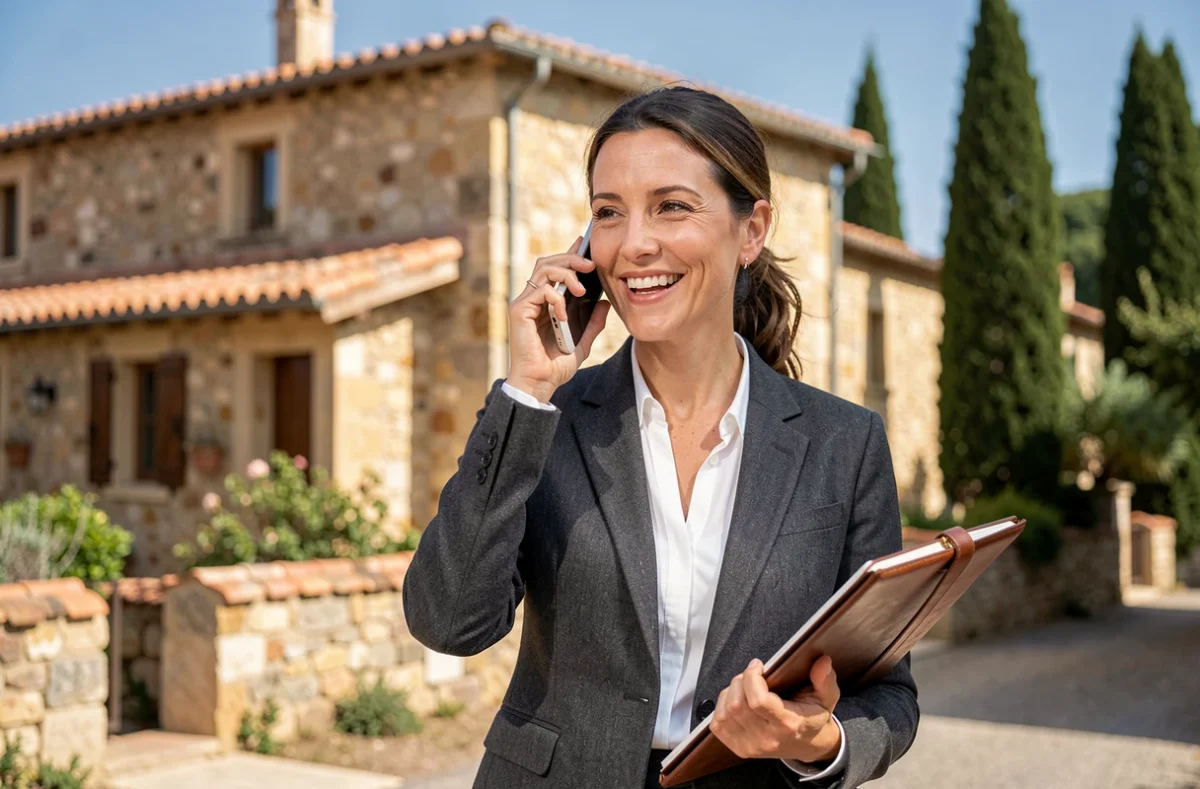 Courtière en assurance indépendante dans le Var devant un bâtiment provençal en pierre au téléphone avec un client