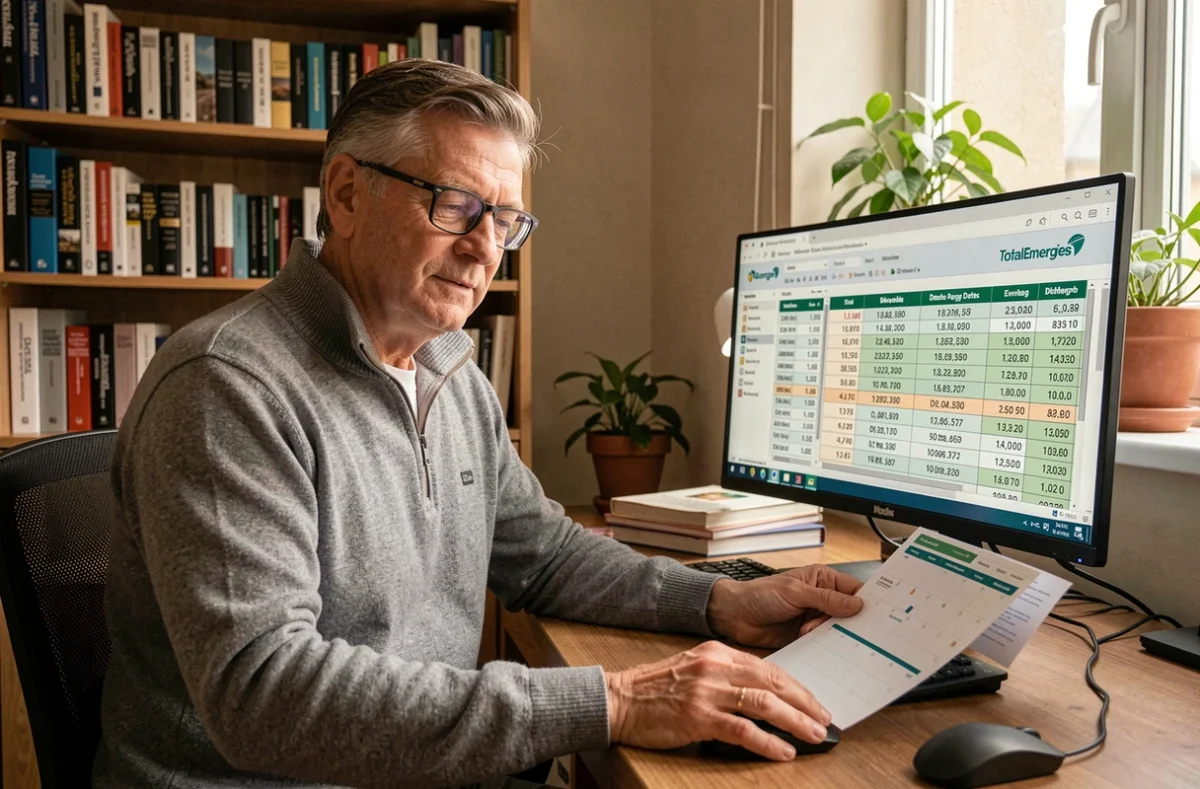Investisseur particulier consultant les dates de détachement et de paiement des dividendes TotalEnergies sur un écran d'ordinateur à domicile