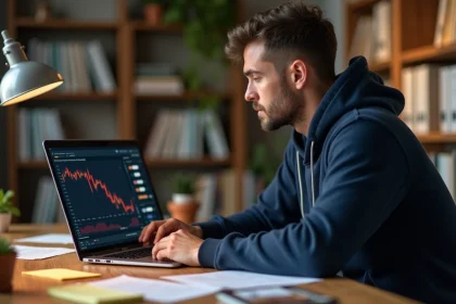 Homme débutant en trading crypto sur eToro regardant un graphique en baisse sur son ordinateur portable à domicile