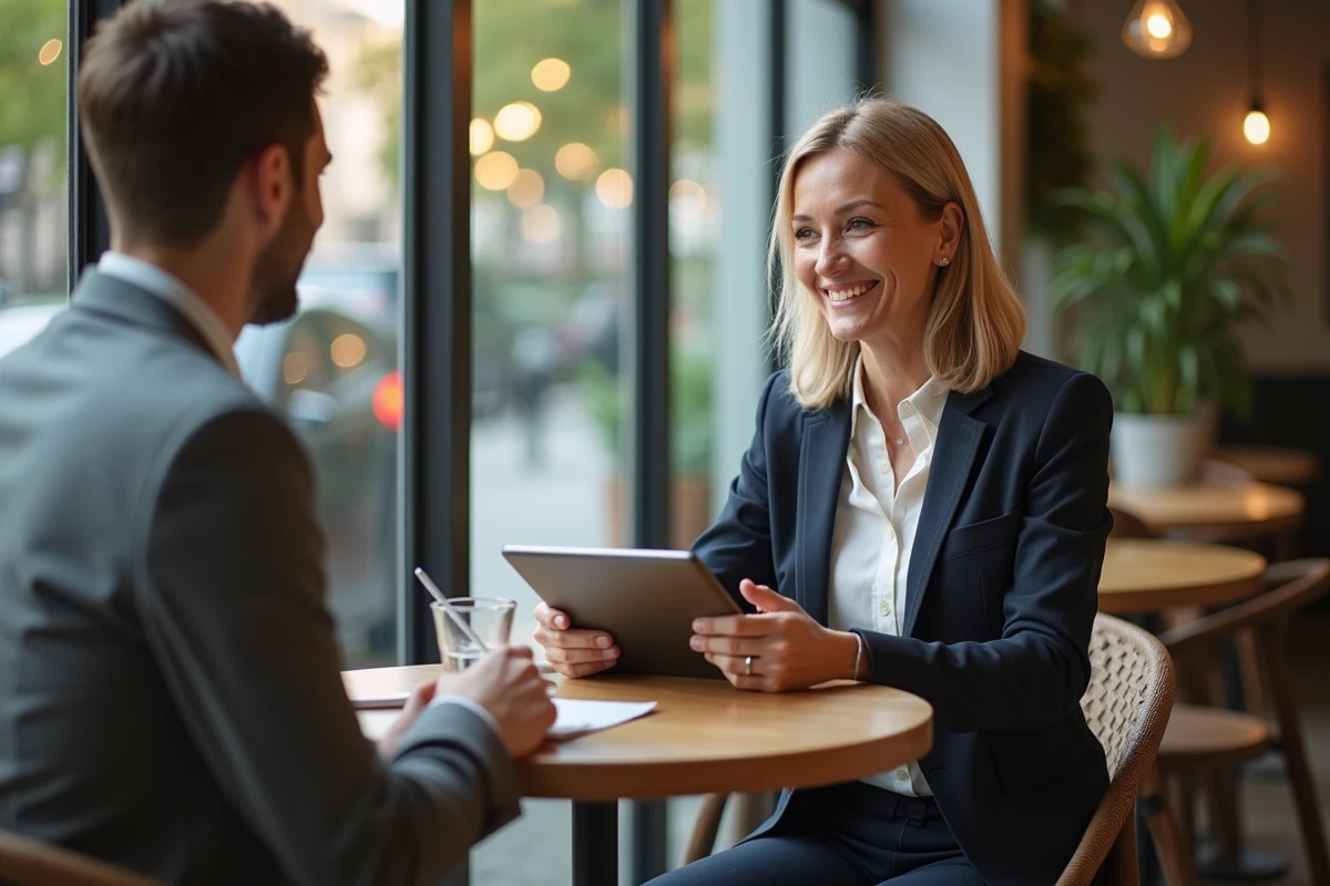 Femme conductrice VTC discutant avec comptable dans un café