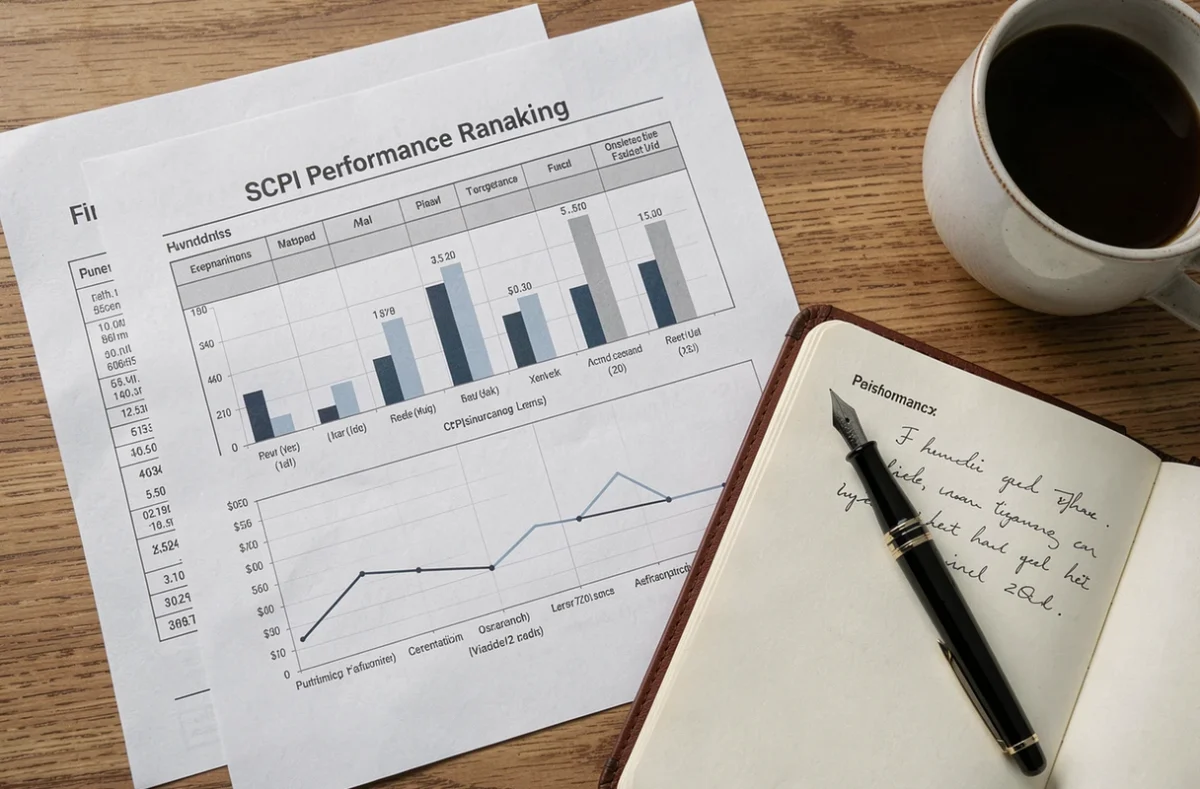 Documents de classement des SCPI par rendement disposés sur un bureau avec stylo et carnet de notes