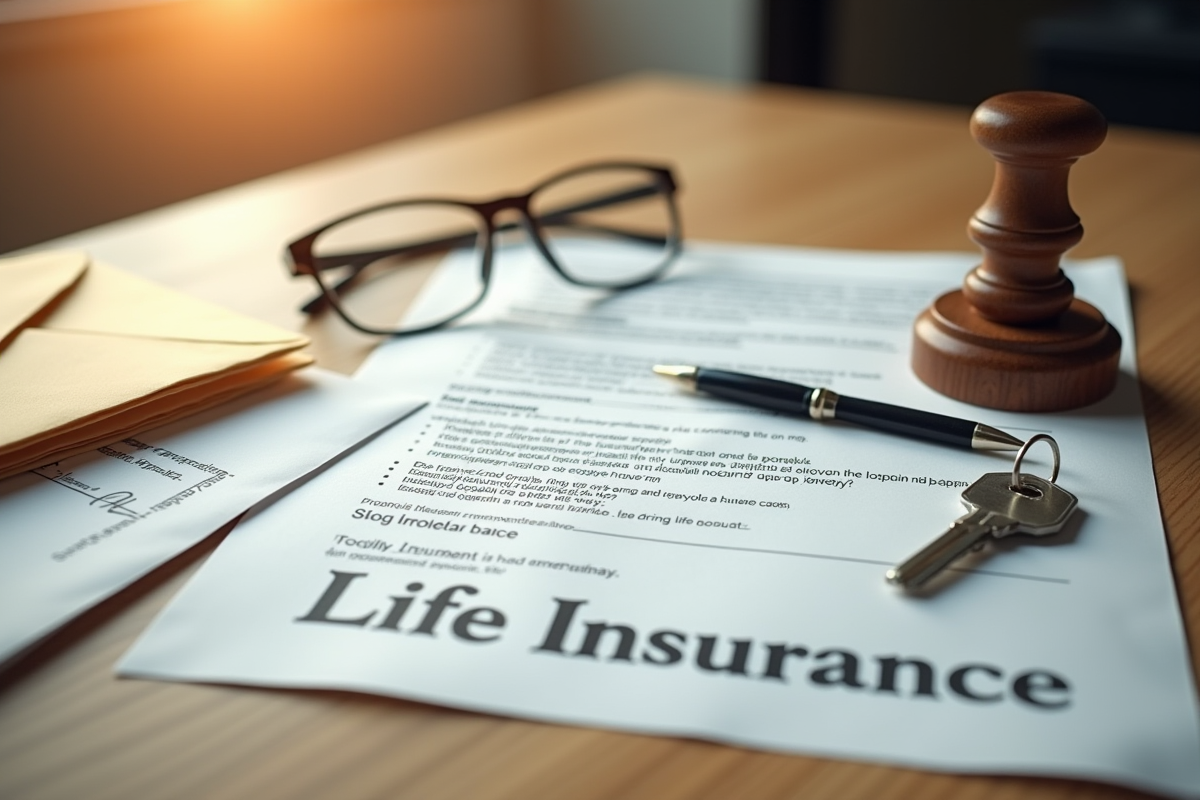 Gros plan sur documents clés et enveloppe assurance vie