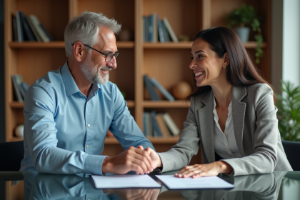 Homme et femme en réunion dans un bureau chaleureux