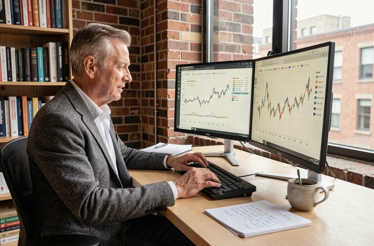 Économiste senior comparant des graphiques de croissance du PIB par pays sur un poste de travail en home office