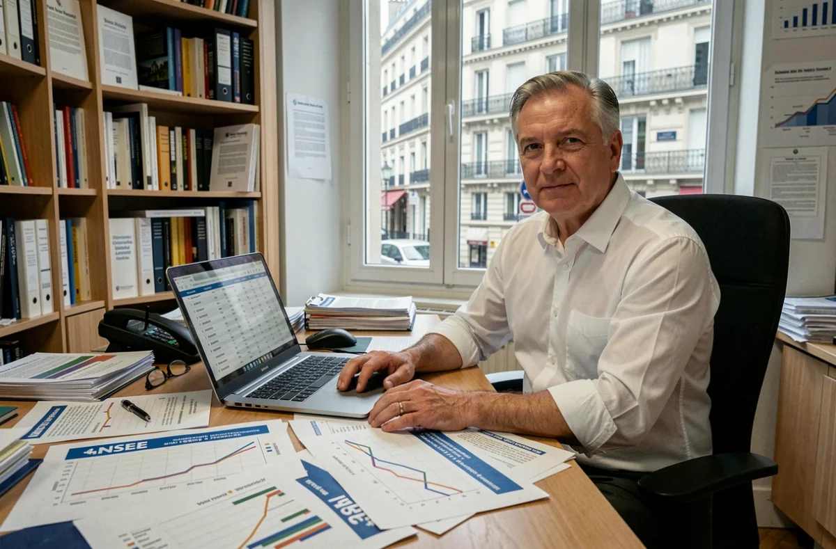 Économiste analysant les statistiques d'inflation INSEE avec des graphiques de l'indice des prix à la consommation