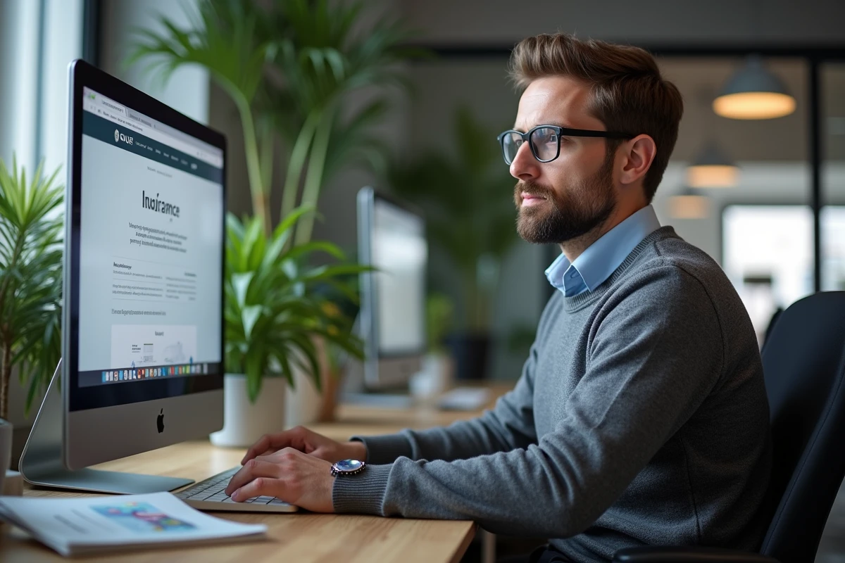 Employé consultant le site web d'ACM IARD SA pour comprendre les garanties et services d'assurance du groupe